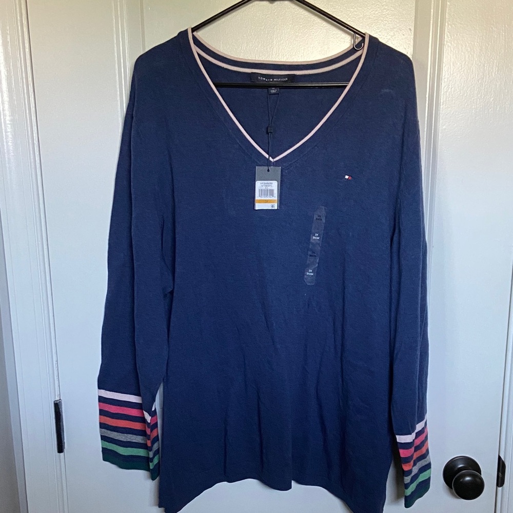 Tommy Hilfiger Navy Long Sleeve Tee with Multicolor Stripes